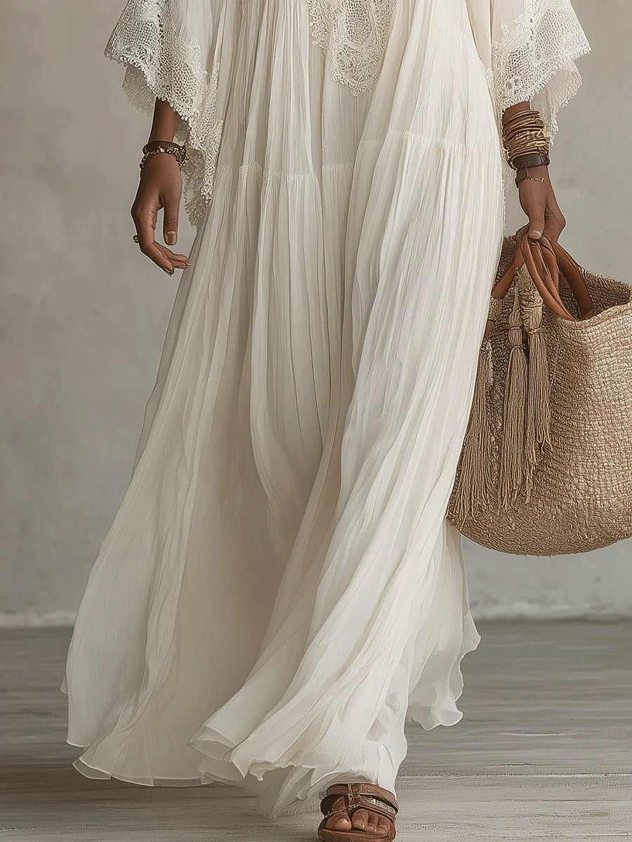 Adelaida | Vestido largo de gasa marfil con manga murciélago y encaje blanco