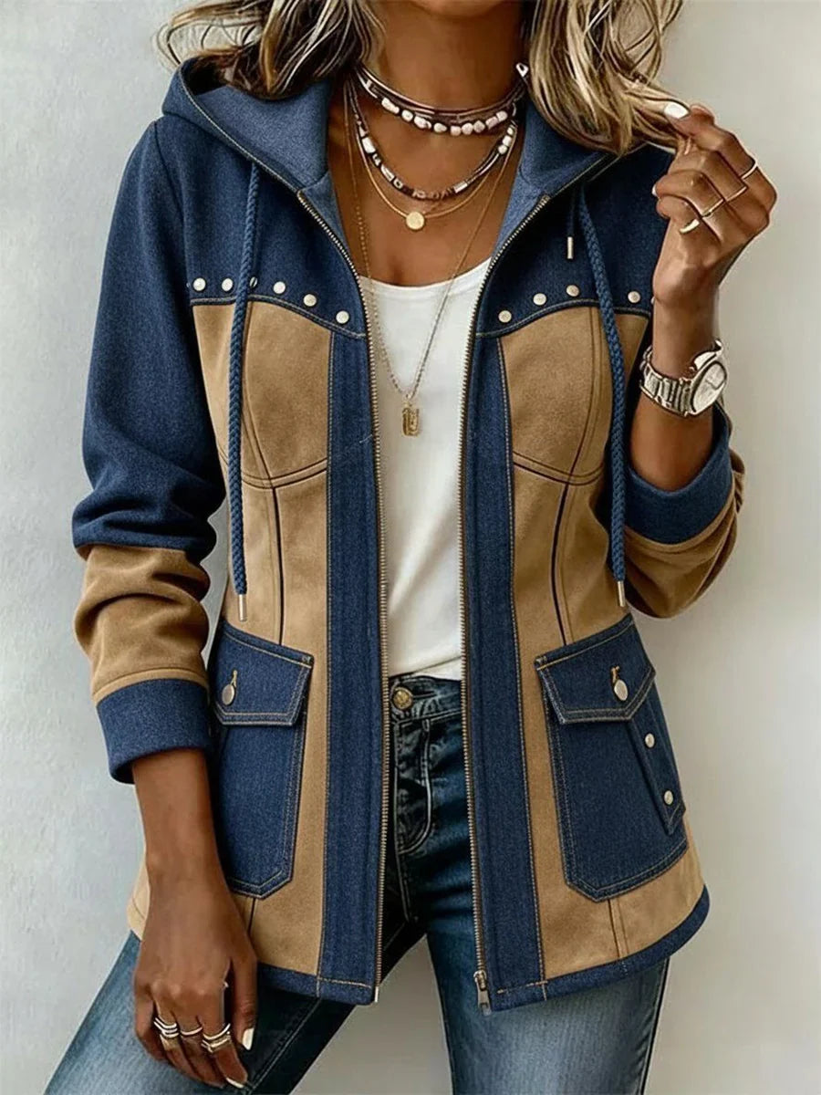 Paola | Chaqueta con capucha en azul marino y camel