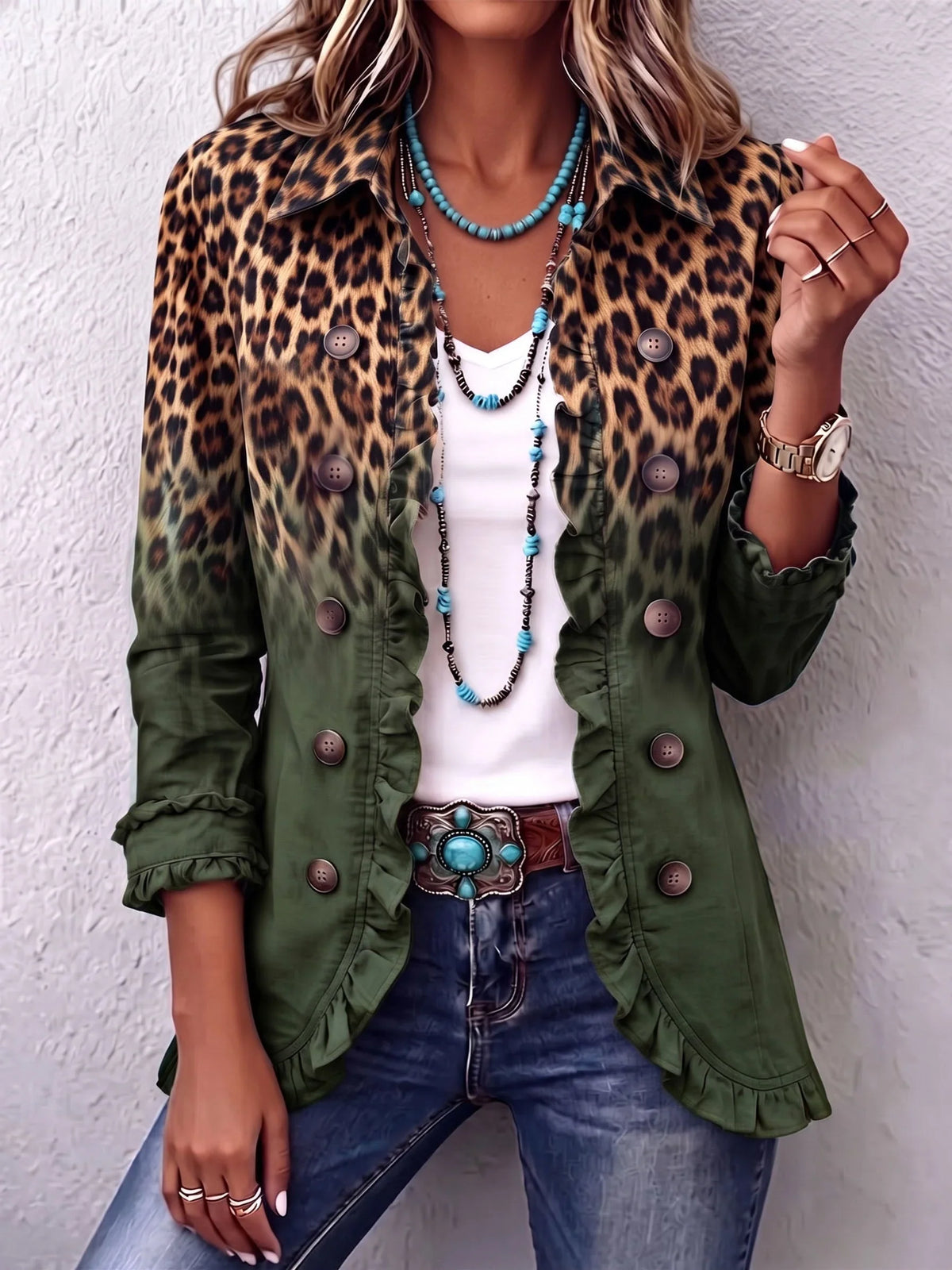 Gabriella | Chaqueta blazer de leopardo verde con volantes